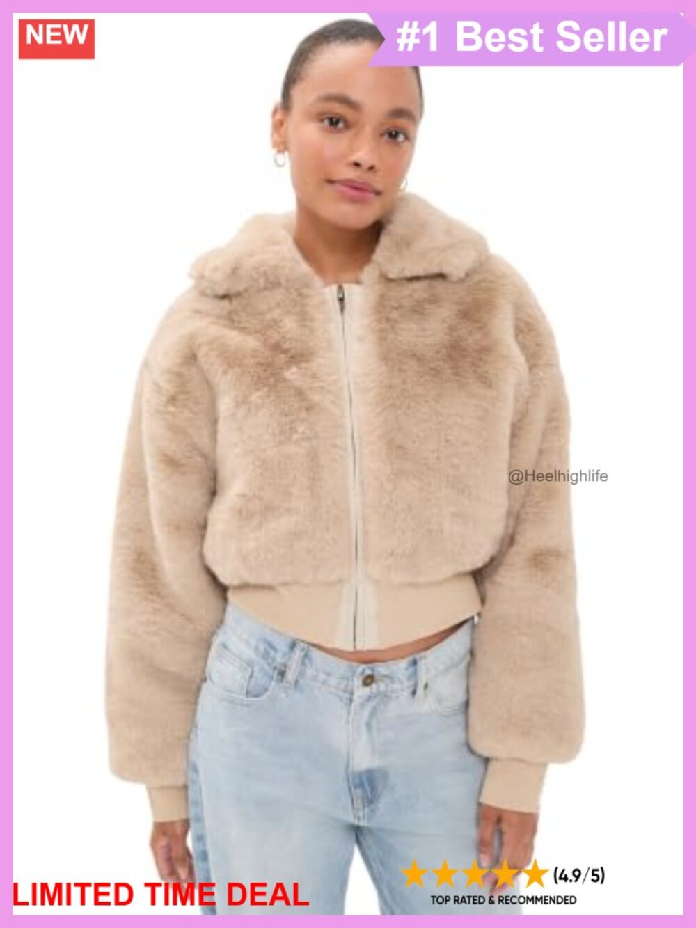Faux Fur Women's Jacket with Ribbed Leather Trim and Zip Front